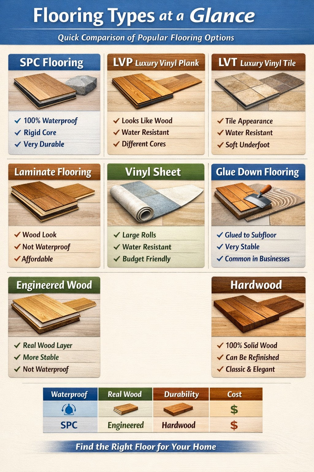 Flooring Types Explained: SPC, LVP, LVT, Laminate, Vinyl Sheet, Glue Down, Engineered Wood &amp; Hardwood