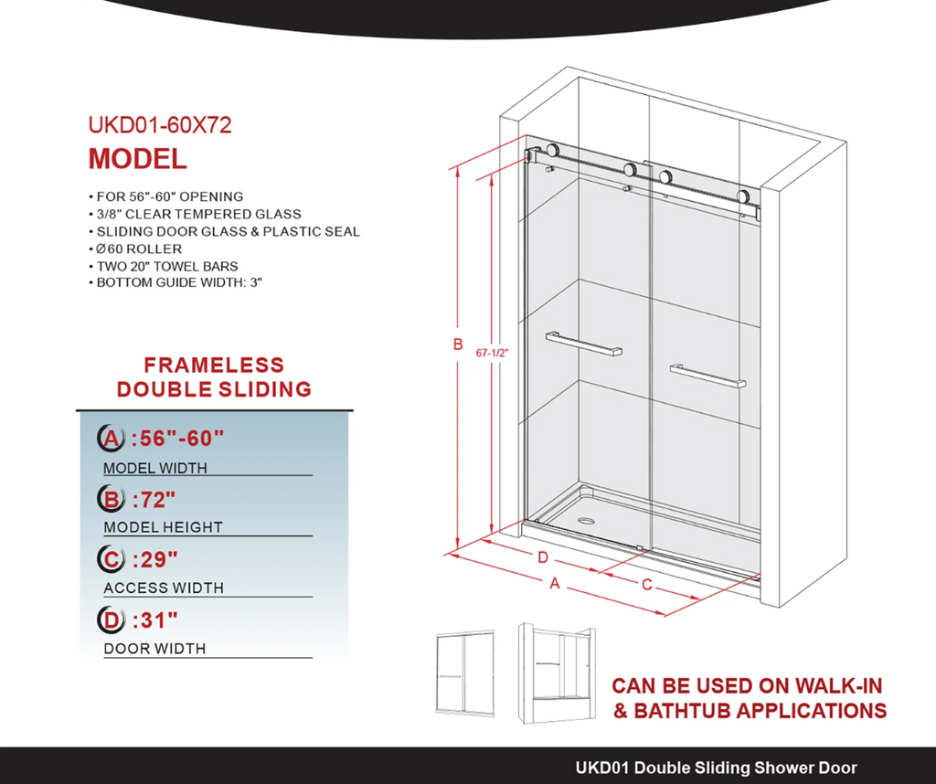 DS01 DOUBLE SLIDING GLASS SHOWER DOOR-SATIN BRASS