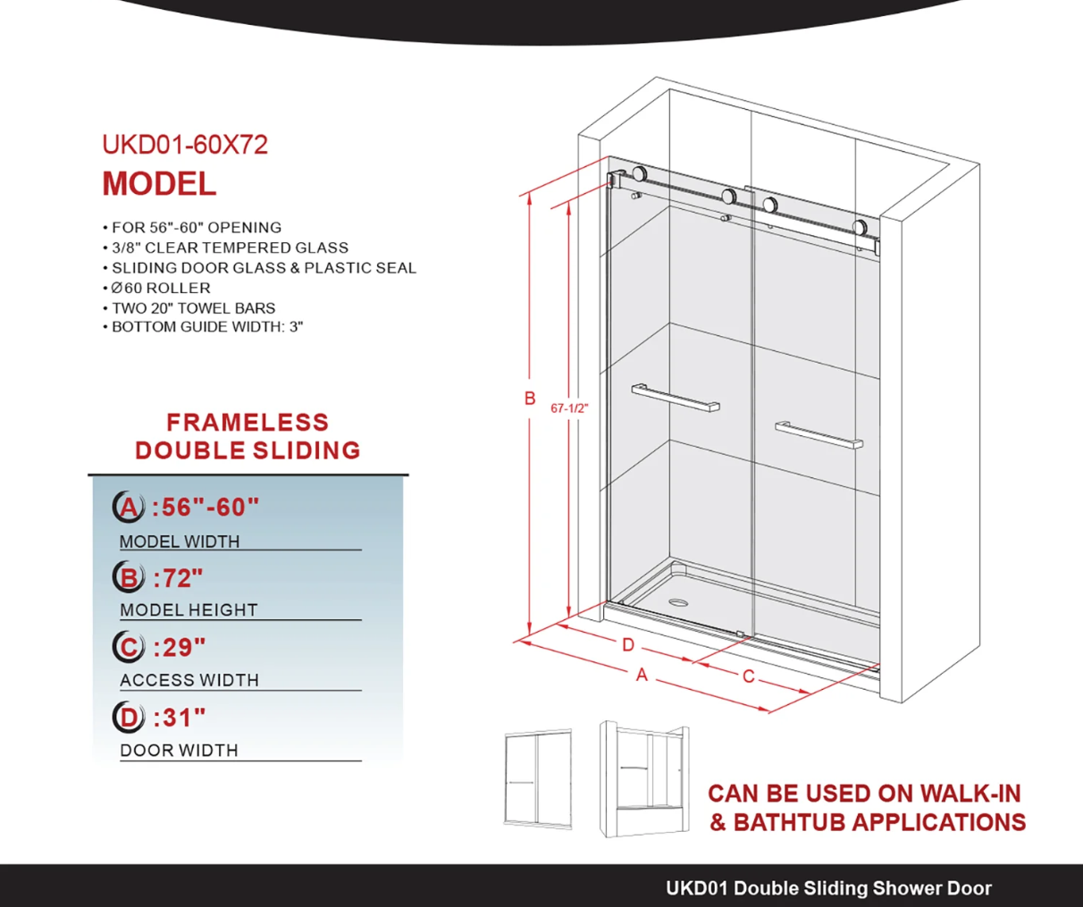 DS01 DOUBLE SLIDING GLASS SHOWER DOOR-SPACE GRAT