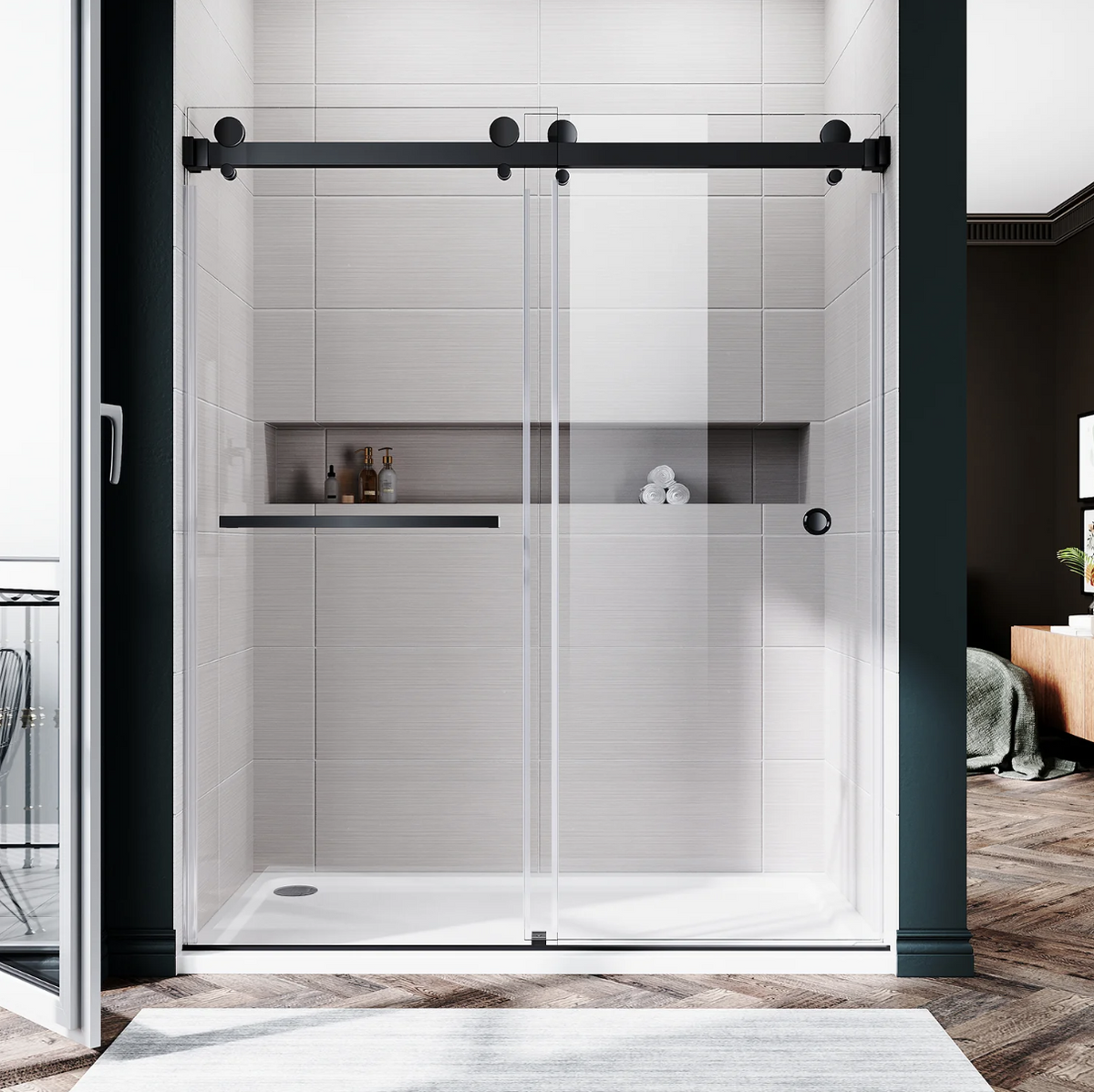 DS01 DOUBLE SLIDING GLASS SHOWER DOOR-MATTE BLACK