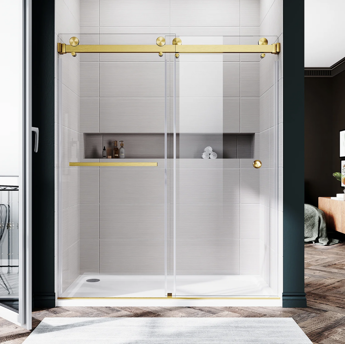 DS01 DOUBLE SLIDING GLASS SHOWER DOOR-SATIN BRASS